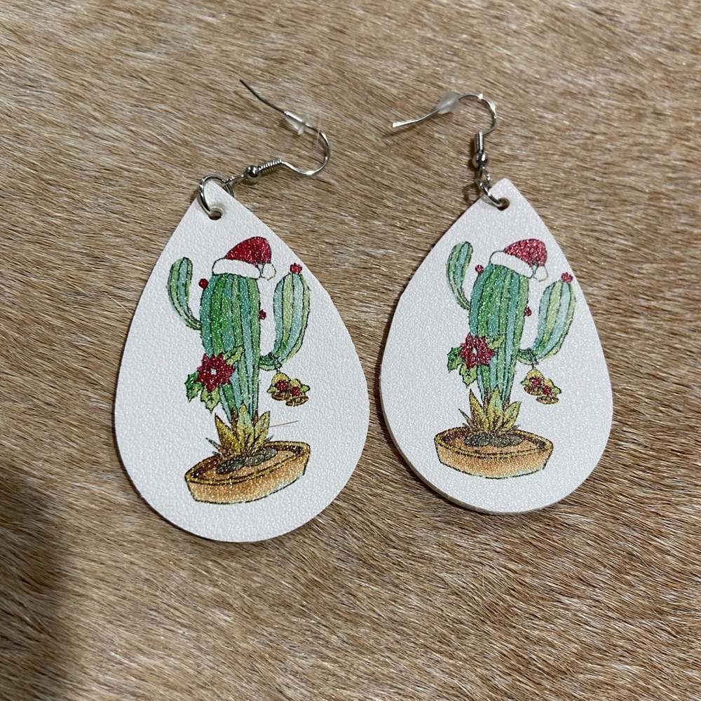 Festive faux leather cactus earrings